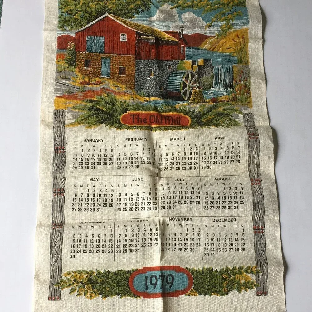 1979 cloth linen tea towel wall hanging calendar the old mill scene